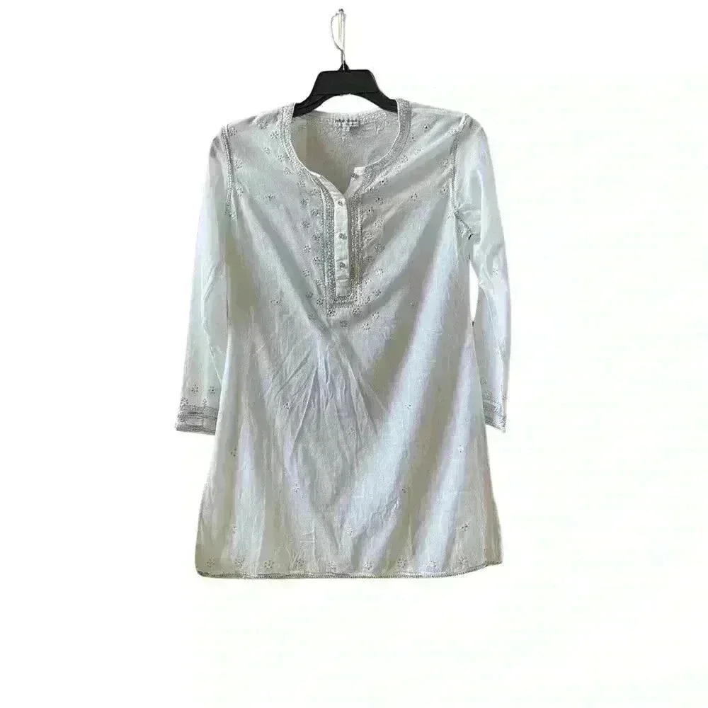 Juliet Dunn White Embroidered 3/4 Sleeves Delicate Tunic Shirt Sz 2 US 6/8.